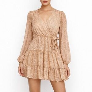 Altar'd State Boho Leopard Print Wrap Mini Dress Tiered Neutral Soft Girl Size S